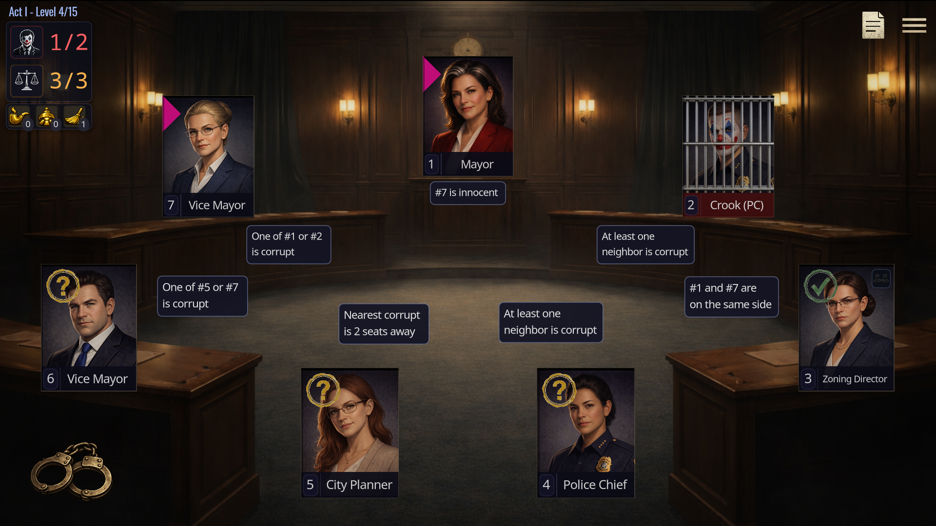 Social deduction puzzle: analyzing statements and cross-referencing clues