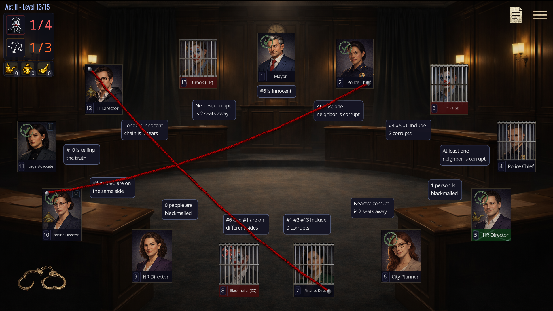 Logic puzzle challenge: a chamber of 13 officials to investigate